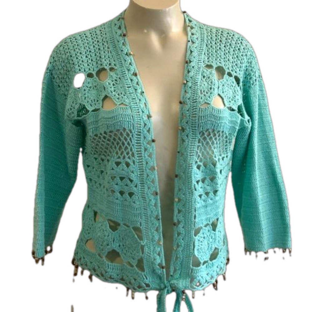 Soft Surroundings Teal Crocheted Lace 1/2 Sleeve Blouse SM